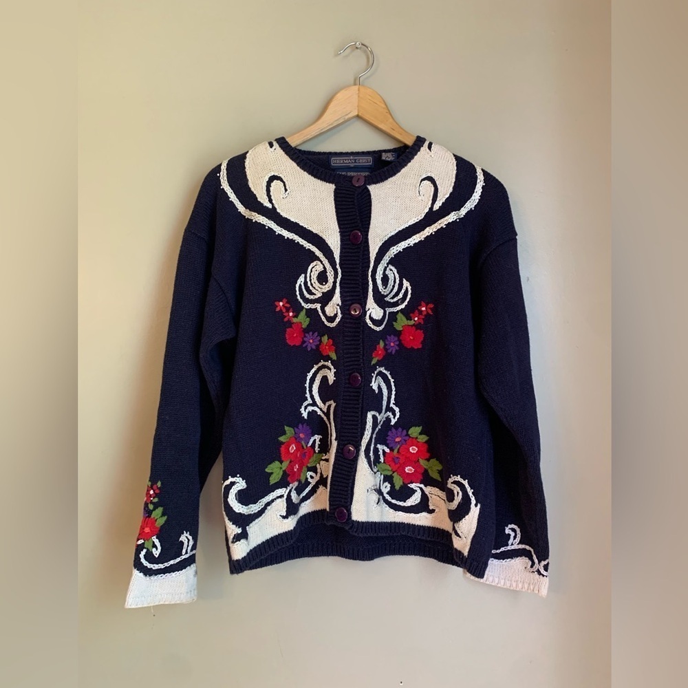 Herman Geist Sweater Cardigan Floral Hand Embroidered Grandma Core vtg cottage